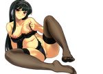  bangs black_hair blunt_bangs blush breasts feet headband highres kimi_ga_aruji_de_shitsuji_ga_ore_de kuonji_shinra large_breasts lingerie long_hair navel nipple_slip nipples no_shoes red_eyes smile solo thighhighs toe-point toes underwear 