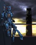  aircraft armor blue building chazcatrix cloud clouds crate female gun hair looking_at_viewer outside power_armor ranged_weapon red_hair sitting sky skyscraper solo sun tail unknown_species weapon 