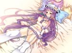  bed blush breasts crescent garter_belt hat large_breasts long_hair lying nipples patchouli_knowledge purple_eyes purple_hair sakayaki_(burning_soul) solo swimsuit thighhighs touhou very_long_hair white_legwear 