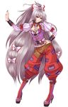  &gt;:) adapted_costume against_wall alternate_costume bad_id bad_pixiv_id baggy_pants banned_artist belt boots bow breasts cleavage corset facepaint fujiwara_no_mokou full_body grey_hair hair_bow hand_on_hip high_heels highres hips juliet_sleeves legs long_hair long_sleeves looking_at_viewer medium_breasts nail_polish open_clothes open_shirt pants parted_lips platform_footwear ponytail puffy_sleeves red_eyes shirt shoes silver_hair simple_background smile solo standing striped striped_shirt tattoo thigh_gap touhou v-shaped_eyebrows very_long_hair white_background wrist_cuffs yuuka_nonoko 