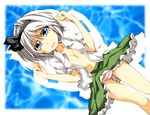  black_hairband blue_eyes dress_shirt frilled_skirt frills green_skirt grey_hair hair_ribbon hairband highres konpaku_youmu kurinton miniskirt navel no_bra open_clothes open_shirt panties ribbon shirt short_hair skirt solo striped striped_panties touhou underwear 