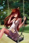  animal_ears book brown_eyes brown_hair dress highres holo long_hair manga_(object) sitting solo spice_and_wolf sundress swing swinging wolf_ears xiamianliele 