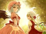  :d ascot backlighting bad_id bad_pixiv_id bat_wings blonde_hair blue_hair bow crystal dress flandre_scarlet frills hands hat highres long_hair looking_back miniskirt multiple_girls open_mouth outstretched_arm outstretched_hand reaching red_eyes red_skirt remilia_scarlet ririko_deluxe sash short_hair siblings side_ponytail sisters skirt skirt_set smile touhou wings wrist_cuffs 