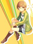  bad_id bad_pixiv_id bike_shorts boots brown_eyes brown_hair casual glasses h2so4 jacket jewelry looking_at_viewer necklace open_clothes open_jacket persona persona_4 satonaka_chie short_hair sitting smile solo track_jacket yellow-framed_eyewear 