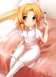  alternate_costume arm_up bad_id bad_pixiv_id bed blonde_hair blush dress hair_ribbon hat highres medium_dress moriya_suwako nurse nurse_cap pantyhose pillow pink_dress ribbon short_sleeves sitting smile solo syringe touhou white_legwear yoshimo 