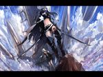  armor bad_id bad_pixiv_id black_hair black_rock_shooter black_rock_shooter_(character) blue_eyes blueman boots burning_eye cape dual_wielding greaves highres holding long_hair midriff multiple_girls navel shorts sky sword weapon white_hair 