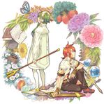  apple book bug butterfly fingerless_gloves flower food fruit gloves green_hair hair_tubes hairband insect ion long_hair luke_fon_fabre miho_(mi) multiple_boys musical_note phonograph red_hair short_hair_with_long_locks sidelocks staff sword tales_of_(series) tales_of_the_abyss tree weapon 