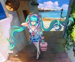  aqua_eyes aqua_hair blue_skirt bracelet contemporary day fashion greece hair_ribbon hatsune_miku headphones jewelry lace lace-trimmed_skirt long_hair miniskirt ocean outdoors pleated_skirt ribbon santorini_(greece) skirt solo striped striped_skirt sunglasses twintails very_long_hair vocaloid yang_yang_(tigu) 