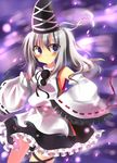  bad_id bad_pixiv_id black_skirt blue_eyes detached_sleeves frilled_skirt frills hat japanese_clothes kamioto_musu miniskirt mononobe_no_futo ponytail ribbon short_hair silver_hair skirt solo tate_eboshi touhou 