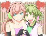  blue_eyes elbow_gloves gloves green_eyes green_hair gumi happy_synthesizer_(vocaloid) headphones headset kana_(okitasougo222) long_hair megurine_luka multiple_girls open_mouth pink_hair short_hair smile vocaloid 