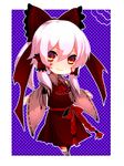  bow chibi dark_persona facial_mark hair_bow hakurei_reimu lavender_hair looking_at_viewer m.u.g.e.n maga-reimu pink_hair ponytail smile solo touhou yutazou 