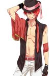  belt fingerless_gloves gloves hat ittoki_otoya male_focus microphone navel necktie open_clothes open_shirt red_eyes red_hair shirt shuri_(84k) smile solo tongue tongue_out uta_no_prince-sama wristband 