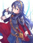  1girl armor blue_eyes blue_hair blush cape falchion_(fire_emblem) fingerless_gloves fire_emblem fire_emblem:_kakusei gloves haru_(nakajou-28) highres long_hair looking_at_viewer lucina mask nintendo smile solo super_smash_bros. super_smash_bros._ultimate tiara weapon 