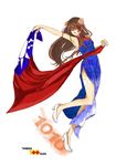  ahoge alternate_costume armpits axis_powers_hetalia brown_eyes brown_hair china_dress chinese_clothes dress earrings fingernails flag floral_print flower full_body hair_flower hair_ornament high_heels jewelry long_hair nail_polish no_socks republic_of_china_flag saha shoes side_slit simple_background sleeveless smile solo standing standing_on_one_leg sun_(symbol) sunburst taiwan_(hetalia) tattoo white_background 