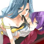  1girl bad_id bad_pixiv_id bare_shoulders blue_hair breasts cleavage elite_four gum_(gmng) itsuki_(pokemon) karin_(pokemon) lowres mask medium_breasts midriff no_mask pokemon pokemon_(game) pokemon_hgss purple_hair simple_background smile 