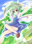  :d daiyousei enjoy_mix fairy_wings green_eyes green_hair hair_ribbon open_mouth ribbon side_ponytail smile solo touhou wind wings 