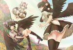  abo_(hechouchou) animal_ears ascot ass autumn_leaves black_legwear black_skirt black_wings brown_hair checkered checkered_skirt flying forest frilled_skirt frills geta hair_ribbon hat himekaidou_hatate inubashiri_momiji leg_hug leg_ribbon looking_at_viewer looking_back low_wings medium_skirt miniskirt multiple_girls nature necktie open_mouth purple_skirt red_eyes ribbon shameimaru_aya shirt short_hair silver_hair skirt sky smile socks staring tengu-geta thighhighs touhou twintails upskirt v_arms wings wolf_ears zettai_ryouiki 