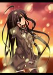  ahoge black_hair blush brown_eyes brown_skirt embers head_tilt highres katanakko_daisuki long_hair miniskirt school_uniform serafuku shakugan_no_shana shana skirt smile solo tears thighhighs zettai_ryouiki 