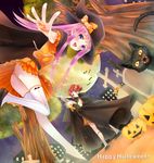  2girls bat blush cat cloak cross dress english hair_ornament halloween hat highres long_hair moon multiple_girls open_mouth original panties pantyshot pink_hair pumpkin purple_eyes red_hair short_hair skirt smile striped striped_panties thighhighs underwear white_legwear white_thighhighs witch witch_hat yellow_eyes yuuki_rika 