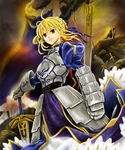  ahoge armor armored_dress artoria_pendragon_(all) blonde_hair cape dress excalibur fate/stay_night fate_(series) faulds gauntlets green_eyes hair_ribbon highres manbosakuranbo ribbon saber solo sword weapon 
