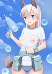  animal_ears bad_id bad_pixiv_id belt blue_eyes breasts bubble buruma cloud covered_nipples day eila_ilmatar_juutilainen fox_ears fox_tail large_breasts long_hair name_tag nipples open_mouth pouch ruri_yuu see-through shirt solo strike_witches t-shirt tail water water_gun wet wet_clothes white_hair world_witches_series wristband 