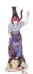  argyle blonde_hair blue_hair cat hijirikawa_masato human_tower ittoki_otoya jinguuji_ren long_hair multiple_boys necktie open_mouth red_hair school_uniform short_hair shuri_(84k) stacking uta_no_prince-sama v 