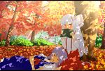  autumn blue_hair blush book bow covering_mouth dappled_sunlight ema20 embarrassed fujiwara_no_mokou hair_bow highres kamishirasawa_keine lap_pillow leaf letterboxed long_hair lying multiple_girls nature no_hat no_headwear on_back silver_hair sitting sunlight suspenders touhou tree tree_shade very_long_hair 