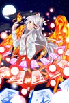  fire fujiwara_no_mokou hair_ribbon long_hair moonlight ofuda red_eyes ribbon silver_hair solo touhou tsukikusa very_long_hair wings 