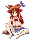  barefoot blue_skirt bow bowtie brown_eyes brown_hair feet hair_ribbon horn_ribbon horns ibuki_suika kuze long_hair medium_skirt orange_hair print_skirt red_eyes ribbon shirt sitting skirt sleeveless sleeveless_shirt solo touhou very_long_hair wrist_cuffs 