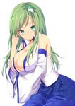  adjusting_hair bare_shoulders blood breast_hold breasts breath cleavage detached_sleeves frog green_eyes green_hair hair_ornament kochiya_sanae large_breasts long_hair looking_at_viewer nosebleed simple_background solo touhou yue_teitoku 