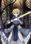  ahoge armor armored_dress artoria_pendragon_(all) blonde_hair dress excalibur fate/stay_night fate_(series) faulds gauntlets glowing glowing_sword glowing_weapon green_eyes hair_ribbon highres kisaragiyu ribbon saber solo sword weapon 