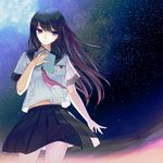  black_hair black_skirt book kimura_daisuke light_smile long_hair miniskirt navel night night_sky original pleated_skirt purple_eyes school_uniform serafuku skirt sky solo star_(sky) 