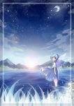  blue_dress blue_eyes blue_hair blush bow cirno dress frame grass hair_bow hakobako lake lens_flare looking_back moon mountain night night_sky open_mouth short_hair sky solo star_(sky) touhou water wings 