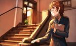  blazer brown_eyes brown_hair clipboard doll frog fukutarou_(enji127) glasses jacket k-on! manabe_nodoka school_uniform short_hair smile solo stairs 