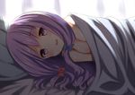  after_sex afterglow backlighting bad_id bad_pixiv_id bed bow breasts cleavage hair_bow long_hair looking_at_viewer lying medium_breasts naked_sheet nude on_back patchouli_knowledge pokachu purple_eyes purple_hair smile solo sweat touhou under_covers 
