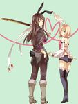  1girl animal_ears black_hair blue_eyes boots bunny_ears bunny_tail detached_sleeves estellise_sidos_heurassein grey_footwear heart heart_of_string knee_boots long_hair miho_(mi) pink_hair short_hair shorts sword tail tales_of_(series) tales_of_vesperia thigh_boots thighhighs weapon yuri_lowell 