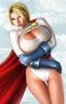  1girl blonde_hair blue_gloves breast_hold breasts cape cleavage cleavage_cutout cleavage_window cloud crossed_arms dc_comics female gloves huge_breasts kryptonian large_breasts legs leotard long_sleeves power_girl realistic red_cape sky solo thigh_gap thighs 