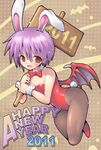  2011 animal_ears bat_wings bow bowtie bunny_ears bunny_tail bunnysuit detached_collar holding holding_sign kurogarasu leotard lilith_aensland new_year pantyhose placard purple_hair red_eyes red_leotard short_hair sign solo tail vampire_(game) wings wrist_cuffs 