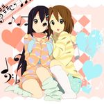  black_hair blush brown_eyes brown_hair cushion hair_ornament hairpin heart hirasawa_yui hood hoodie hug k-on! kaiman long_hair loungewear multiple_girls musical_note nakano_azusa official_style open_mouth pajamas polka_dot round_teeth short_hair shorts sitting smile socks teeth 