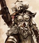  adepta_sororitas armor bolter book chain feathers fleur_de_lis gun juo pauldrons power_armor purity_seal simple_background skull solo torch warhammer_40k weapon 