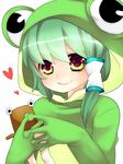  animal_costume blush closed_mouth face frog_costume frog_girl frog_hood green_eyes green_hair hair_tubes heart hood hood_up kochiya_sanae pyonta simple_background smile solo touhou yutazou 