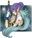  blue_hair breasts judith long_hair medium_breasts miho_(mi) pointy_ears polearm red_eyes solo tales_of_(series) tales_of_vesperia weapon 