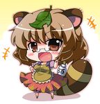  :3 alcohol animal_ears apron bad_id bad_pixiv_id blush bottle brown_eyes brown_hair brown_skirt chibi fang futatsuiwa_mamizou glasses leaf leaf_on_head medium_skirt noai_nioshi open_mouth pince-nez print_skirt raccoon_ears raccoon_tail sake sake_bottle shirt short_hair skirt smile solo tail tanuki touhou v-shaped_eyebrows 