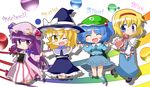  alice_margatroid aqua_skirt ayu_(iyokanya) backpack bad_id bad_pixiv_id bag blonde_hair blue_eyes blue_hair blue_skirt blush bow capelet chibi closed_eyes crescent frilled_skirt frills hair_bobbles hair_bow hair_ornament hairband hat kawashiro_nitori kirisame_marisa long_skirt medium_skirt miniskirt multiple_girls patchouli_knowledge purple_eyes purple_hair ribbon skirt skirt_set smile touhou witch_hat yellow_eyes 