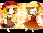  aki_minoriko aki_shizuha ayu_(iyokanya) bad_id bad_pixiv_id blonde_hair blush chibi closed_eyes food fruit grapes hair_ornament hat leaf leaf_hair_ornament leaf_on_head multiple_girls red_eyes short_hair siblings sisters smile touhou 