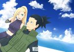  :d bare_shoulders black_hair blonde_hair blue_eyes cloud flak_jacket hair_ornament hairclip long_hair midriff nara_shikamaru naruto navel ocean open_mouth ponytail smile teramoto teramoto_kei vest water wink yamanaka_ino 