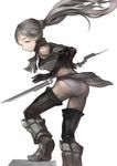  ass black_legwear boots elbow_gloves gloves grey_hair highres long_hair looking_back original panties ponytail profile red_eyes simple_background solo sword te thighhighs underwear weapon wind wind_lift 