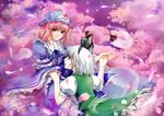  back bad_id bad_pixiv_id blue_eyes blush cherry_blossoms eye_contact frilled_skirt frills ghost green_skirt hair_ribbon hairband hat hitodama holding_hands japanese_clothes konpaku_youmu konpaku_youmu_(ghost) looking_at_another medium_skirt multiple_girls murasakiko petals pink_eyes pink_hair ribbon saigyouji_yuyuko short_hair skirt skirt_set smile touhou triangular_headpiece vest white_hair 