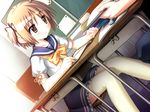  blue_skirt book brown_eyes brown_hair desk frilled_skirt frills hair_ribbon hiide miniskirt nekomiya_nono ponytail ribbon school school_uniform short_hair sitting skirt solo striped striped_skirt thighhighs writing yotsunoha 