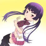  ao_no_exorcist black_hair brown_eyes eyebrows kamiki_izumo long_hair meow_(nekodenki) necktie school_uniform solo striped striped_neckwear thighhighs twintails 